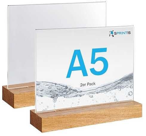 SPRINTIS Acryl-Tischaufsteller mit Holzfuß A5 Querformat aus Eiche, 2 Stück, Acryl Aufsteller Holz für Hochzeit und Gastronomie, für Inhalte 14,8 x 21 cm