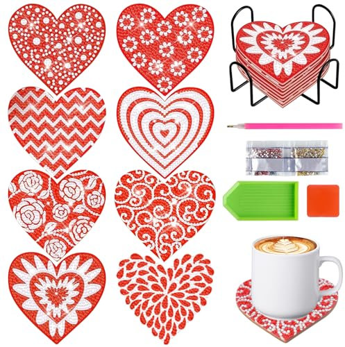 Yiomxhi 8 Pièces Dessous de Verre Diamond Painting avec Support, Coeur DIY sous Verre de la Saint-Valentin en Bois pour Boissons Tasses, Kit de Peinture Diamant Art Coaster pour Adultes