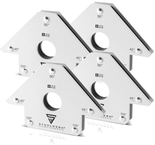 STAHLWERK Schweißmagnet 4er Set – je 22,6 kg (50 lbs) Haftkraft, feste 45° / 90° / 135° Winkel, starke Magnet-Schweißwinkel/Magnetwinkel zum präzisen Positionieren beim Schweißen, Löten & Justieren