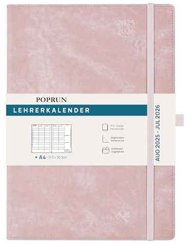 POPRUN Lehrerkalender 2025 2026 DIN A4 - Lehrerplaner 25/26 für die Unterrichtsvorbereitung mit Monatliches Register. Schulplaner mit PU-Leder Hardcover für Lehrerinnen und Lehrer - Mokka-Mousse