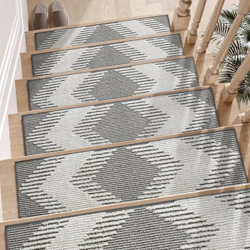 SIXHOME Grau 15Stück 76x20cm Stufenmatten Kitchen mat 3D-Abziehbilder und Sticks für Holzstufen im Innenbereich Treppenteppich Laufflächen Waschbare
