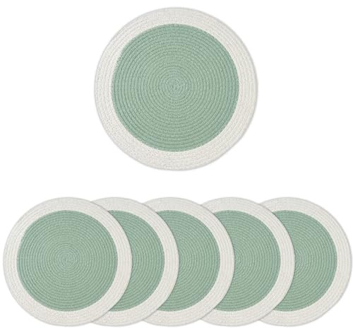 Encasa XO Dining Table Mats Set of 6 | Cotton Round Placemat - 35 cm Diameter | Sage & Off White | Handmade Rib Style Chargers For Dinner Plates