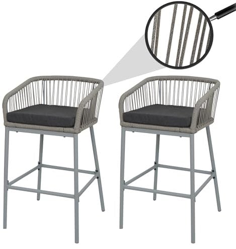 Lot de 2 tabourets de Bar Rope HWC-O22, Tabouret de Bar, Outdoor Assise rembourrée Corde tressée métal - Gris Clair, Coussin Gris foncé