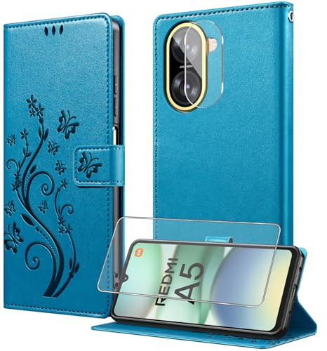 MQERYBV Coque pour Xiaomi Redmi A5 4G Portefeuille avec 1 Verre Trempé | Protection Camera, Étuis Rabat, 3 Fentes pour Cartes, Stand Feature, Anti-Rayures, TPU Antichoc, PU Cuir Anti-Rayures, Blue
