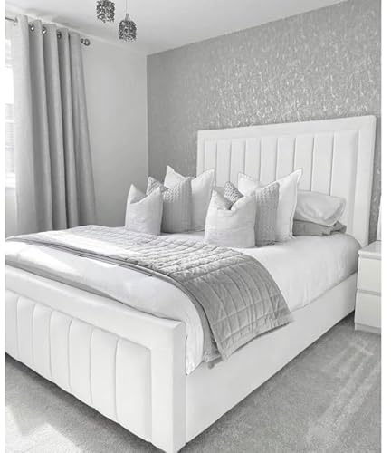 Attock Beds Chesterfield Border Panel Bed Frame - UK made - Double/King/Super King Size Plush Velvet Fabric Upholstered (White Plush, Super King)