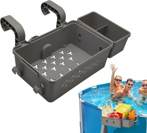 Panier de Rangement Piscine avec Porte-Gobelet Intégré - Fixation Bord Piscine Hors Sol pour Jouets, Snacks, Rafraîchissements - Organisation Résistante Maille Épaisse - Compatible Rail Supérieur 3