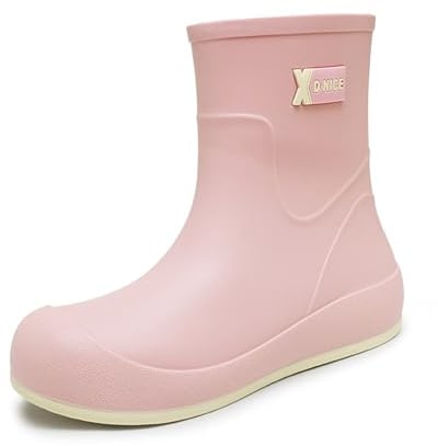 Botas de goma para mujer, ligeras, cómodas, con tacón, resistentes al agua, brillantes, botas de agua para jardín, zapatos de lluvia, impermeables, para el trabajo al aire libre, pesca, viajes, Rosa