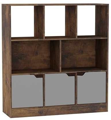 URBNLIVING Rustic Brown 8 Cube Asymmetrical Bookcase – Freestanding Storage Unit with 3 Doors - Basic Doors - Grey