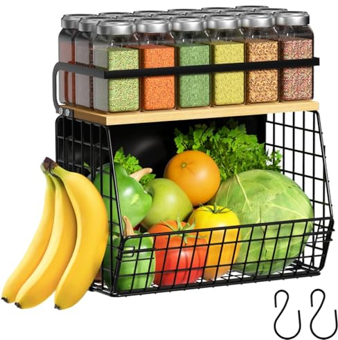 Ofiray-Home Magnetic Storage Rack for Fridge with Wood Lid – Large Metal Basket for Fruit, Onion, Potato & Pantry Organisation – Magnetic Spice Rack for Refrigerator, Cabinet or Kitchen Countertop