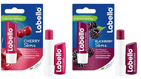 Labello Lip Balms Set, 1x Cherry With 1x Blackberry Lip Balm, 4.8g Multipack, Flavoured Lip Balm, 24 Hour Lip Care Protection