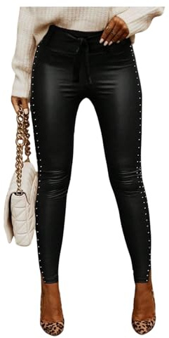 GORGLITTER Leather Leggings for Women UK High Waisted Belted Studded Slit Skinny Clubwear Trousers
