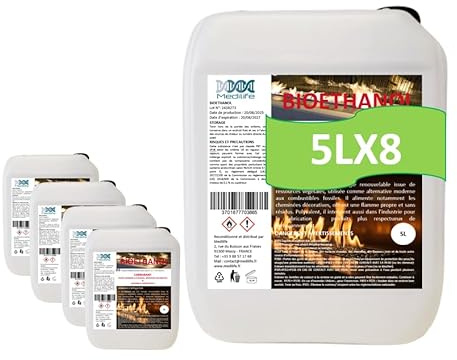 Bioéthanol 5LX8 – Combustible Écologique Premium pour Cheminée Poêles en Acier InoxydableI – Flamme Propre, Sans Odeur ni Fumée – Ressources Végétales – Haute Performance (5LX8)