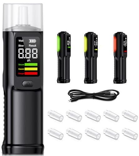 Alcoholimetro Homologado Test Alcoholemia Portátil : Profesional Alcoholímetro de Alta Precisión Pantalla LCD Digital - Recargable Alcohol Test Etilometro 10 Boquillas para Uso Doméstico y Profesional