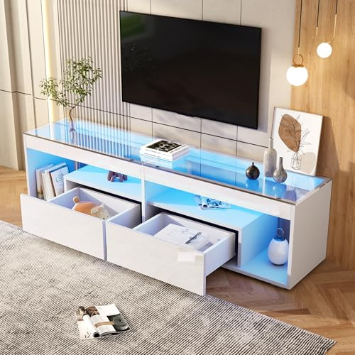 Qsddk TV Schrank mit 2 Schubladen und LED, TV Lowboard für 70-Zoll-Fernseher, Fernsehschrank Wohnzimmerschrank mit Hochglanz, TV Möbel Wohnzimmer Möbel, 180x40x46 cm, Weiß
