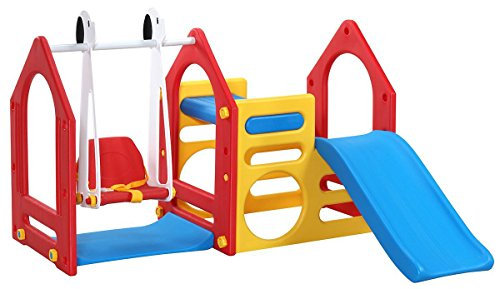 LittleTom Portique pour Petits Enfants 1-4 Ans - Balançoire Toboggan - Parois d'escalade Maison de Jeu avec 3 agrès Rouge Jaune Bleu
