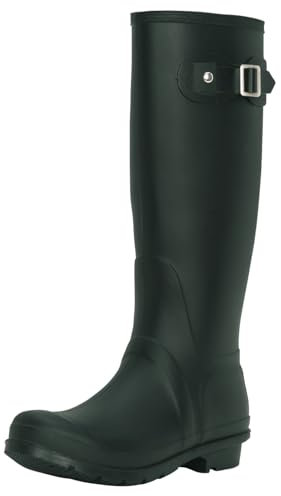 Women's Waterproof Wellington Boots - Rubber Outdoor Walking Wellies with Side Buckle - Comfortable Slip-On Rain Boots for Gardening, Dog Walking, Festivals & Everyday Use - Green - UK5/EU38
