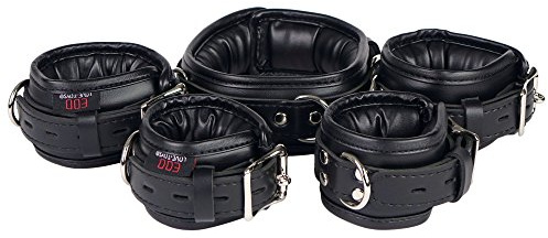 Bondage Manschetten Set gepolstert Leder Fesseln Handfesseln Fußfesseln Halsband Schwarz