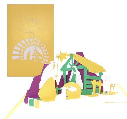 Weihnachtskarte „Krippe mit Stern“ in Gold – edle & moderne 3D Pop Up Karte mit Umschlag