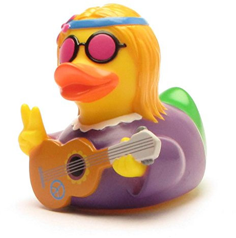 Quietscheente Hippie Frau von LILALU I Flower-Power Badeente - L: 7,5 cm - inkl. Gummienten-Schlüsselanhänger im Set I Geschenk für Hippies