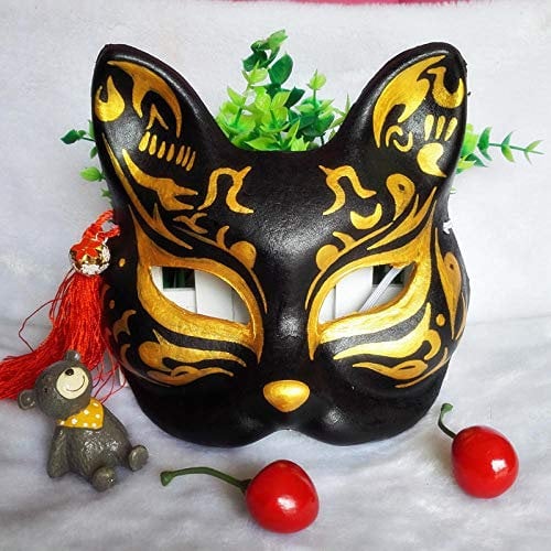 Halloween Masks Adults Hand-Painted Japanese Kimono Black cat Fox mask Luxury Flower Moon Night Hand-Painted and Wind Antique Cosplay Sakura @Pulp Version Black Fox Demon B3