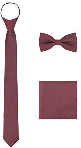 WANYING Herren Schmale Reißverschluss Krawatte 6 * 48cm & Vorgebundene Fliegen & Einstecktuch 3 in 1 Sets Security Sicherheits Krawatte Casual Business - Bordeaux Rot