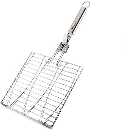 Fire Mountain Stainless Steel BBQ Fish Grill Rack - Premium Quality Grilling Tools & BBQ Accessories, Foldable, Removable Handle, Multipurpose BBQ Grill Basket, Lockable, Grid Body