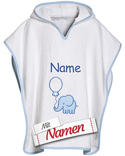 Bade Elefant Poncho bestickt mit Namen für Baby & Kinder, Jungen in Blau, Badetuch, Badeponcho, Kapuzenbadetuch, 100% Baumwolle