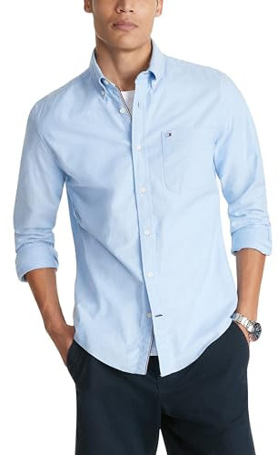 Tommy Hilfiger Chemise Oxford boutonnée à manches longues pour homme, coupe personnalisée, Bleu titan, Taille XS