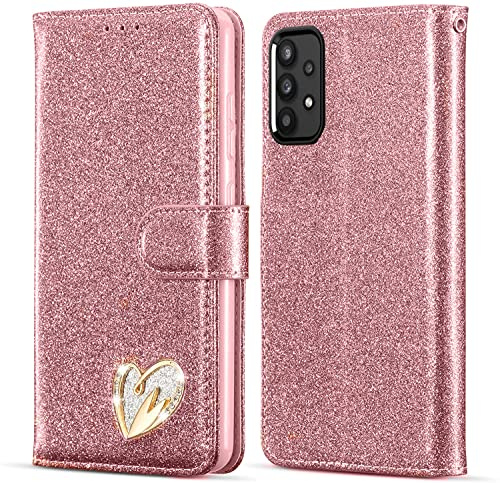 KP TECHNOLOGY Case for Samsung Galaxy A33, Premium Shiny Bling Glitter Loving Heart Book Flip Stand Wallet Card Phone Case for Samsung Galaxy A33 5G (ROSE GOLD)