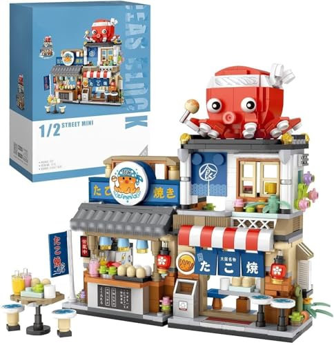 FULHOLPE Japanische Street View Serie Architektur Bausteine, 722 Teile Japan Takoyaki Shop Modellbausatz, DIY Mini Modular Haus Klemmbausteine MOC Bauspielzeugsets für Teenager Erwachsene