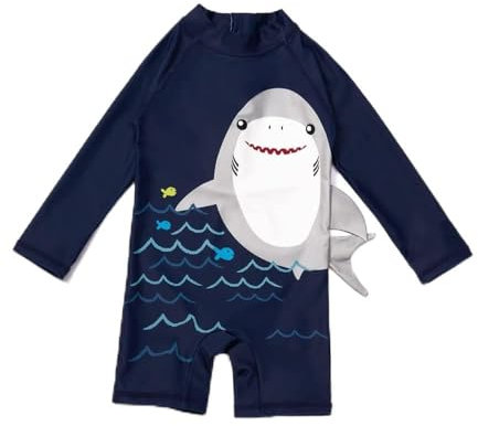 ALUCIC Jungen Badeanzug Bademode Schwimmanzug Baby Kinder Einteiler UV-Schutz Badebekleidung mit Sonnenhut(Dunkelblau, 122-128)