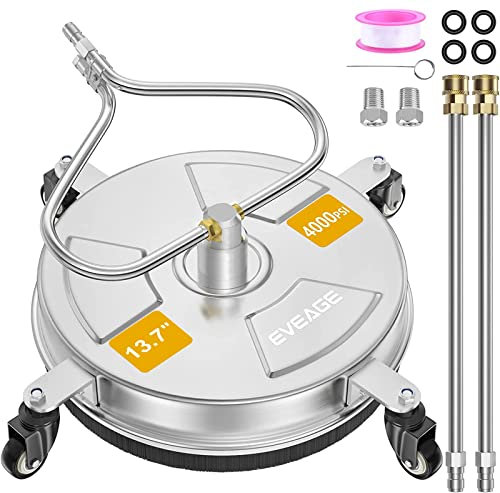 EVEAGE 14.5'' Pressure Washer Surface Cleaner with 4 Wheels Stainless Steel Housing Power Washer Surface Cleaner with 2pcs Replacement Nozzles