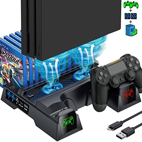 ASUNCELL PS4 Vertical Stand mit Lüfter, All-in-One PS4 Vertikaler Standfuß Ständer Halter Lüfter für Playstation 4/PS4 Pro/PS4 Slim, PS4 Controller Ladesation und 12 Spiele Lagerung