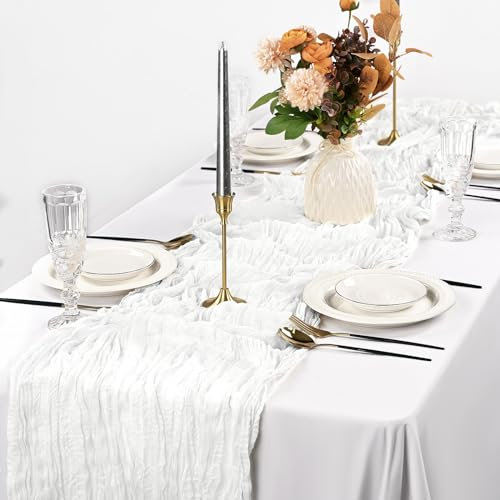 2Pack tischläufer weiß, weißer rustikaler Tischläufer Weiss, 90x 300cm Käsetuch-Gaze-Tischläufer Käsetuch Boho-Tischläufer für Hochzeit,Party-Dekoration (weiß)
