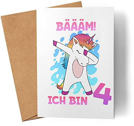 Kiddle-Design Einhorn Geburtstagskarte 4 Jahre Mädchen Karte zum 4. Geburtstag mit Einhorn-Motiv Faltkarte