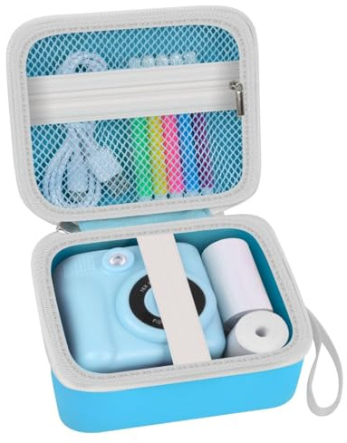 PAIYULE Kids Instant Print Camera Case with Paper Storage（Blue | Hard PU Case with Elastic Strap, Mesh Pocket and Wrist Strap for Camera, Print Rolls and Cables,Case Only