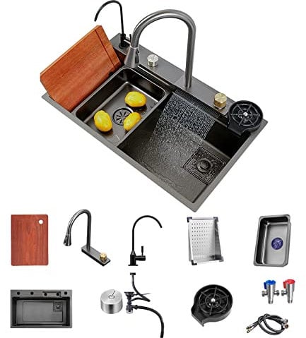 FIVIXIL Lavello da cucina lavello singolo Flying rain waterfall con rubinetto estraibile, lavatazze a pressione, tagliere e altri accessori lavello da lavoro lavastoviglie