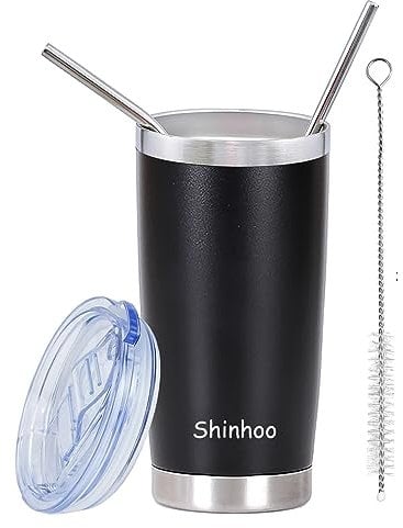 Shinhoo 20oz/ 550ml Insulated Tumbler with Straw and Lid, Double Wall Thermal Coffee Flask Travel Mug Stainless Steel Reusable Cup for Hot Cold Drinks, Spill-Proof (Black)