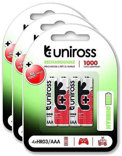 Uniross Pack de 3 x 4 Piles Rechargeables AAA/HR03 1100 NIMH HYBRIO, 1.2V