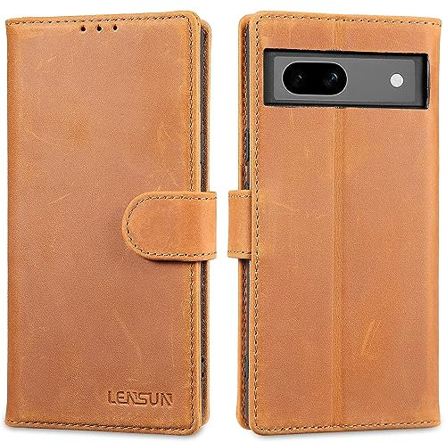 LENSUN Echtleder Hülle für Google Pixel 7a, Handyhülle [Echtes Leder] [Standfunktion] [RFID Schutz] Handytasche Flip Lederhülle für Google Pixel 7a 5G - Vintage Braun