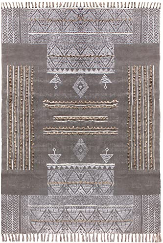 CASAVANI Kelim-Teppich, handgefertigt, Boho-Teppich, geometrischer Teppich, grau, schwarz, Baumwolle, leicht waschbar, Flachgewebe, Teppiche für großes Schlafzimmer, quadratischer Esstisch, Flur,