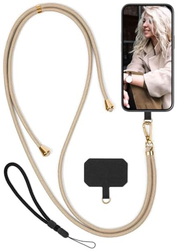 moex Unleash für iPhone 15 Handyband zum Umhängen ohne Hülle, Handykette Universal mit Karabiner, Handy Band abnehmbar, Kette mit Pad für Handyhülle, Beige, Gold