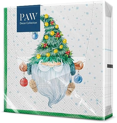 PAW - Serviette Papier - 3 Plis (33 x 33 cm) I Lot de 20 I Serviette de Table Papier - Noël, Hiver, Vacances, Gnome, Fée, Nain I Décoration de Table Idéale pour Noël (Fancy Gnome)