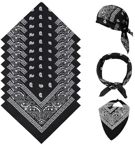 Aomig Bandana Damen Herren, 12pcs Nickitücher Kopftuch Halstuch Männer, Unisex Tuch Bindetuch, Headwear Haar Schal Paisley Muster- Taschentuch/Halstuch, Schwarz (55 x 55 cm)