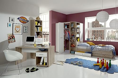 Jugendzimmer Joker in Eiche San Remo und Weiß 6 teilig mit Eckkleiderschrank, Bett inklusive Schubkästen, Standregal und Schreibtisch mit Rollcontainer …