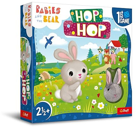 Trefl - Hop Hop! Babys und Teddybär, Erstes Brettspiel - Gesellschaftsspiel für die Kleinsten, Plüschkaninchen, Große Elemente, Gesellschaftsspiel mit Aufgaben, Spiel für Kinder ab 2,5 Jahren