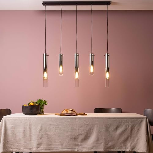 Lightbox Glamour Hängelampe - 199 x 95 x 12 cm - elegante Pendelleuchte mit | Hängelampe mit Rauchglas, 199 cm Höhe, 95 cm Breite, 5 x E14, schwarz