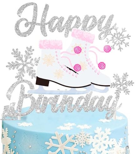 umoni Ice Skating Birthday Cake Topper Silver Glitter Snowflake Roller Skates Cake Decorations Ice Skating Party Favors for Kids Winter Ice Skating Theme Birthday Party Winter Birthday Decor