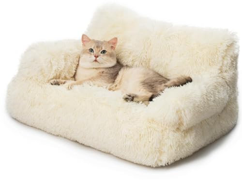 MEWOOFUN Elegant Lit pour Chat, Moelleux Duveteux Canapé pour Chat Canapé pour Chien vec dehoussable Lavable - 4 Couleurs Grand Panier Chat Lit pour Chaton pour Chat Interieur, Beige 76x45cm