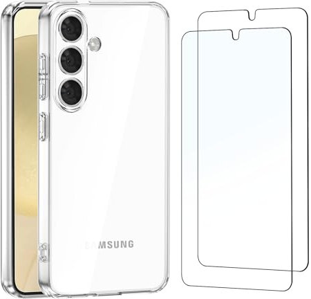 NEW'C Cover per Samsung Galaxy S24 5G Gel TPU in silicone ultra trasparente e 2 × vetro temperato per Samsung Galaxy S24 5G pellicola protettiva per schermo